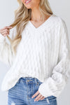 Hazel Blues® |  White Textured Knit Ribbed Edge V Neck Loose Sweater