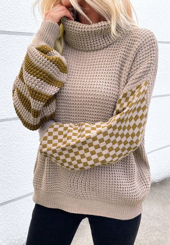 Hazel Blues® |  Striped & Checkered Turtleneck Dropped Shoulder Sweater