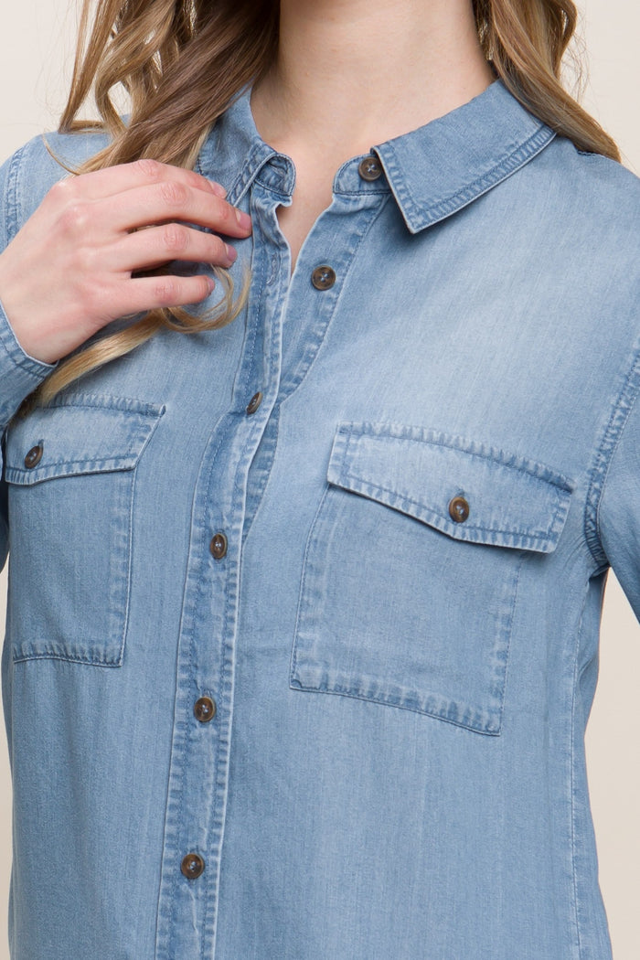 Hazel Blues® |  Love Tree Scooped Hem Button Up Denim Shirt