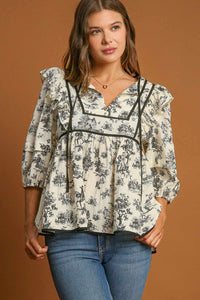 Hazel Blues® |  Umgee Ruffled Tie Neck Puff Sleeve Babydoll Blouse