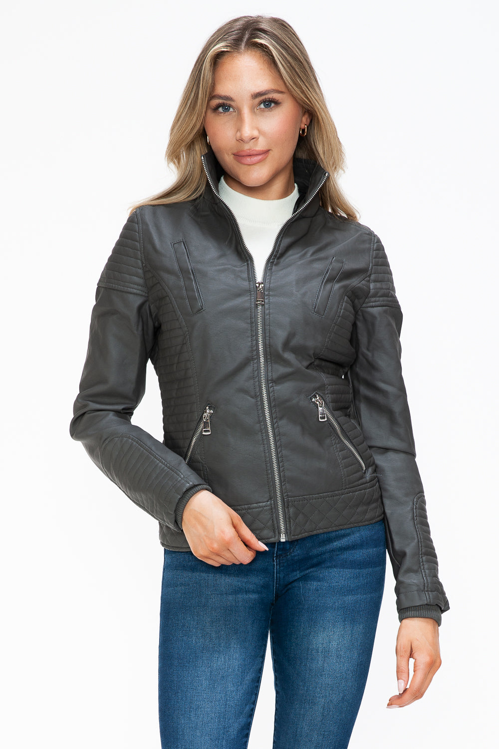 Hazel Blues® |  YMI Faux Layered Double-Zipper Jacket with Fuzzy Hood