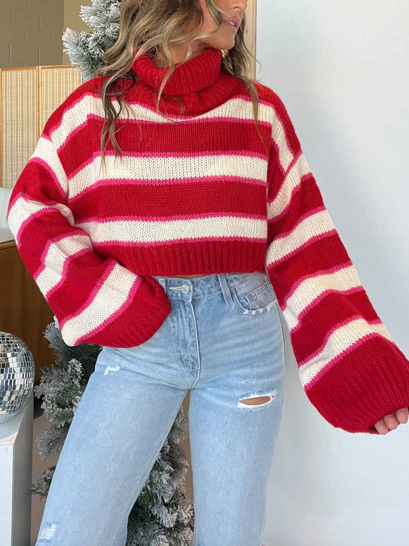 Hazel Blues® |  Striped Turtleneck Long Sleeve Cropped Sweater