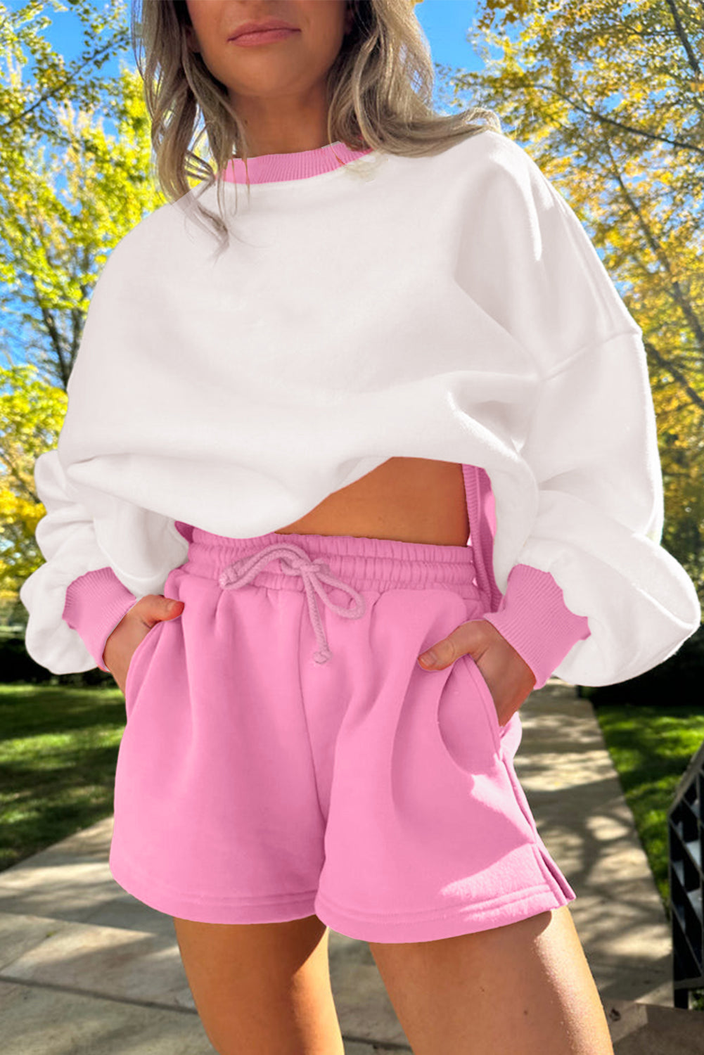 Hazel Blues® |  Strawberry Pink Color Block Pullover and Lace-up Elastic Waist Shorts Set