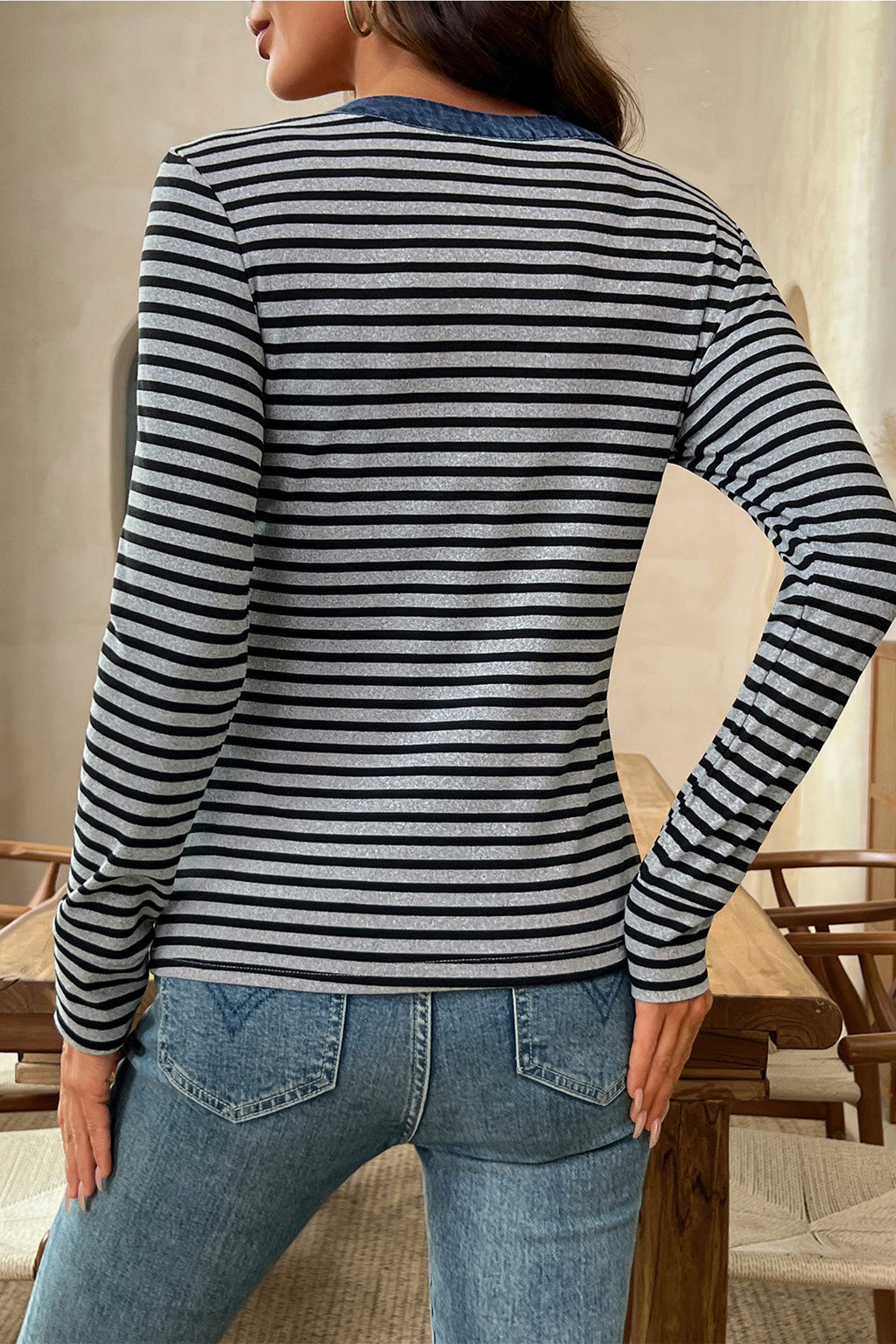 Camille Rose Gray Stripe Denim Contrast Collar Half Button Long-Sleeve Top