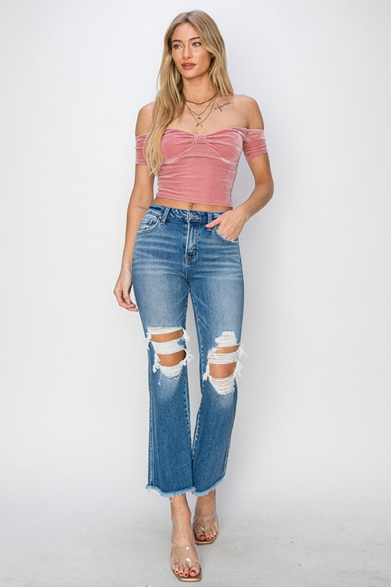 Hazel Blues® |  RISEN Mid Rise Distressed Cropped Flare Jeans