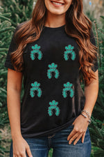 Hazel Blues® |  Black Western Turquoise Pattern Sequin Patched T Shirt