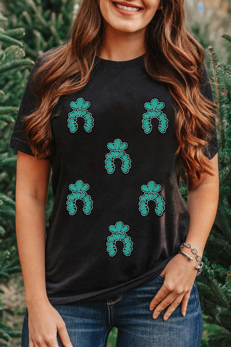 Hazel Blues® |  Black Western Turquoise Pattern Sequin Patched T Shirt