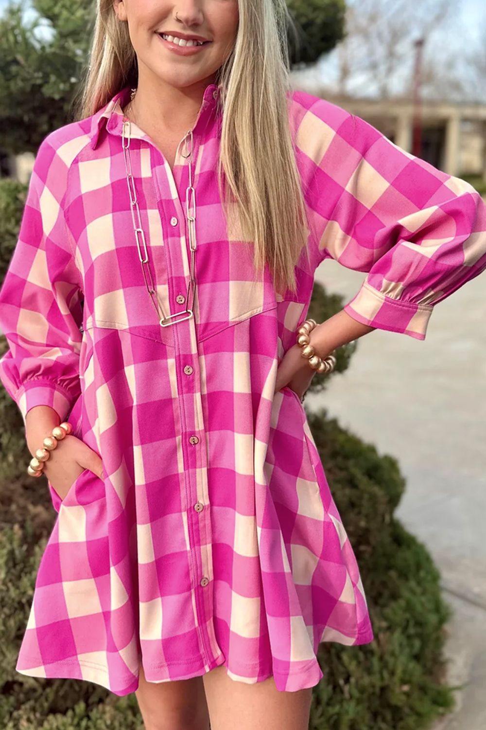 Hazel Blues® |  Ruched Plaid Three-Quarter Sleeve Shirt Dress