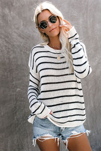 Hazel Blues® |  Striped Round Neck Drop Shoulder Sweater