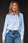 Hazel Blues® |  Sky Blue Stripe Shirred Detail Half Placket Collared Long Sleeve Fall Shirt