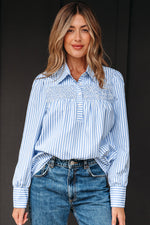 Hazel Blues® |  Sky Blue Stripe Shirred Detail Half Placket Collared Long Sleeve Fall Shirt