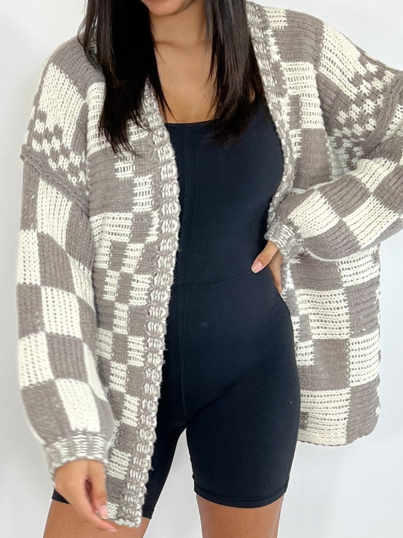 Hazel Blues® |  Checkered Open Front Long Sleeve Cardigan