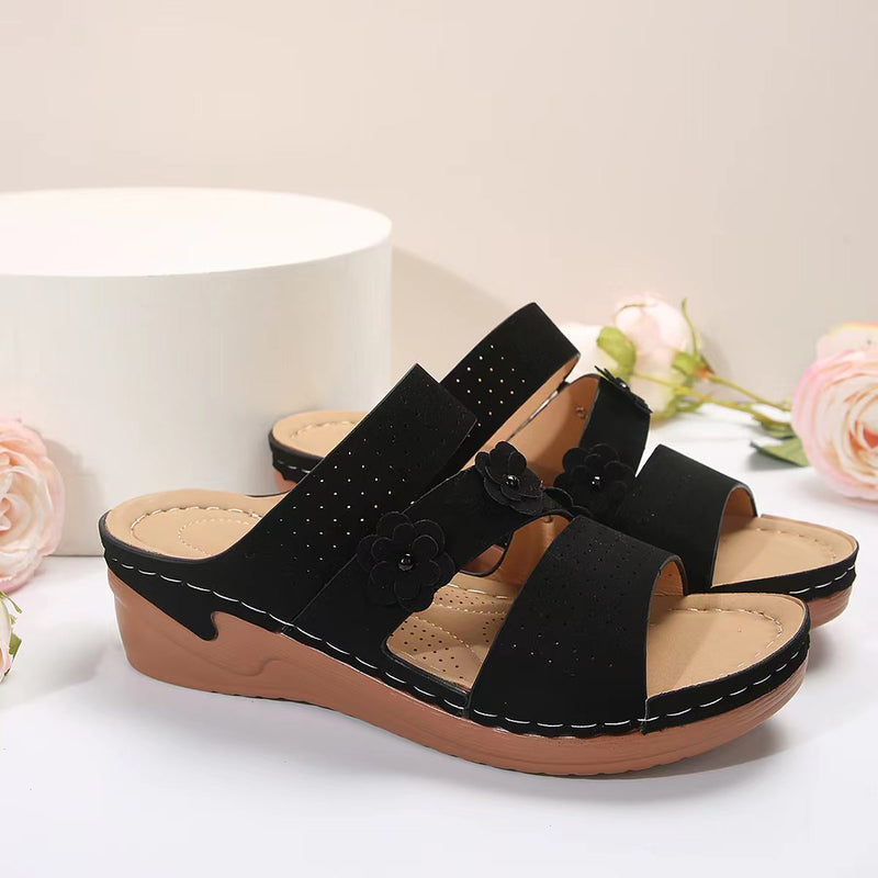 Hazel Blues® |  Flower PU Leather Wedge Sandals