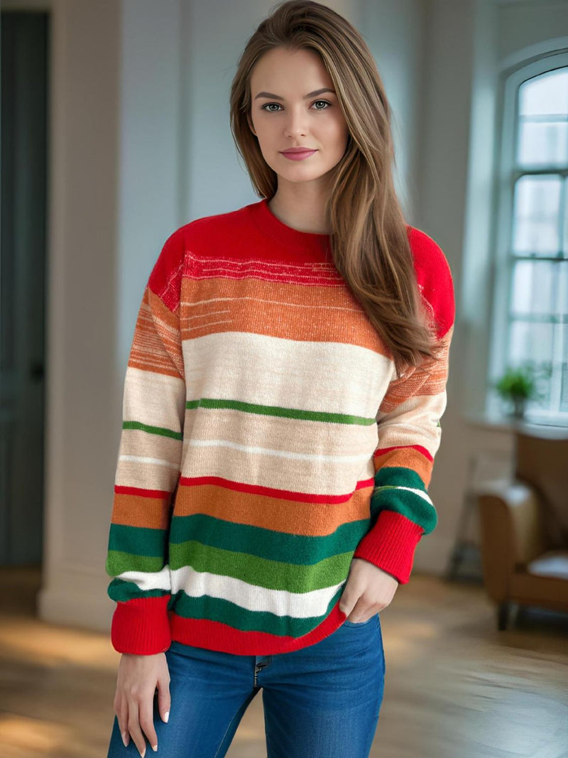 Hazel Blues® |  Contrast Striped Round Neck Long Sleeve Sweater