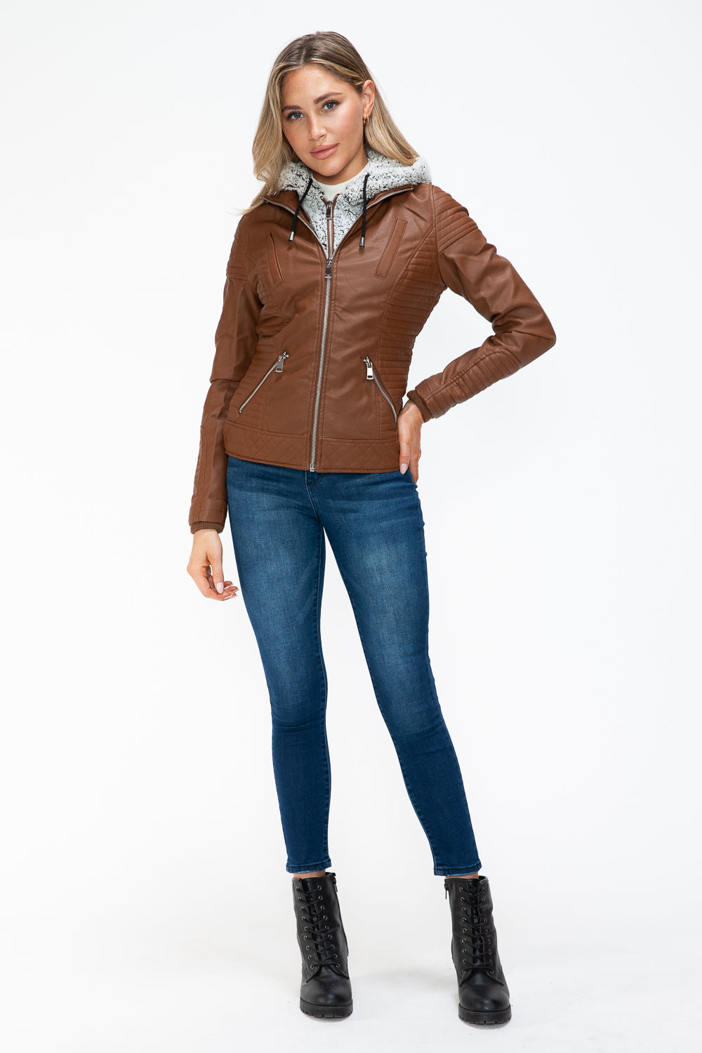 Hazel Blues® |  YMI Faux Layered Double-Zipper Jacket with Fuzzy Hood