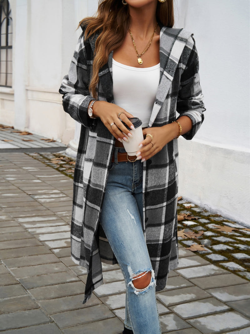 Hazel Blues® |  Plaid Long Sleeve Hooded Coat