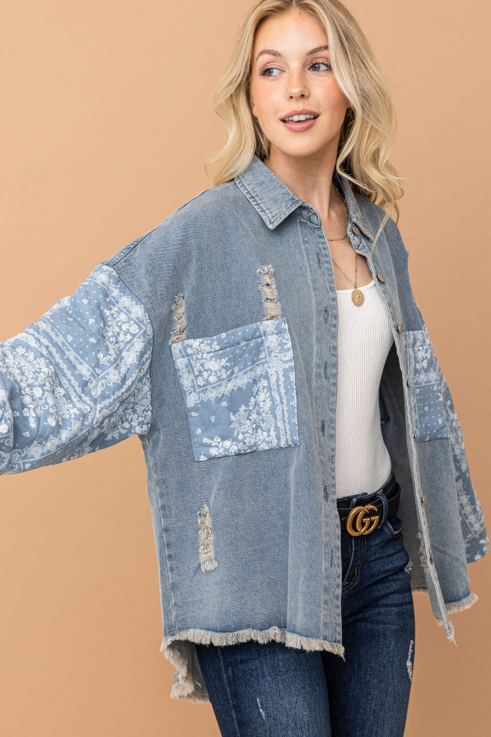 Hazel Blues® |  And The Why Paisley Print Quilted Sleeves Denim Jacket