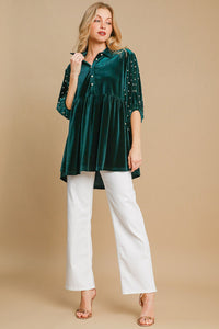 Hazel Blues® |  Umgee Pearl Detail Half Sleeve Velvet Babydoll Blouse