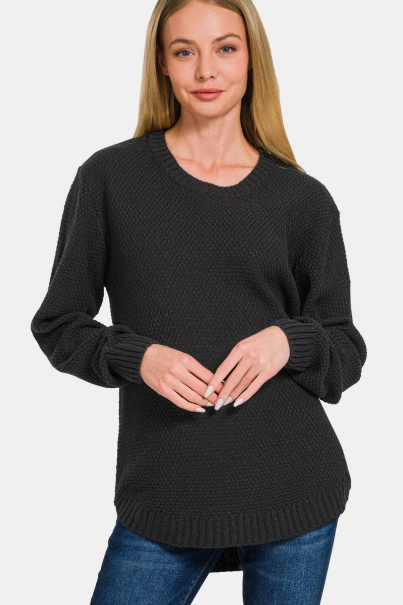 Hazel Blues® |  Zenana Ful Size Round Neck Long Sleeve Curved Hem Sweater