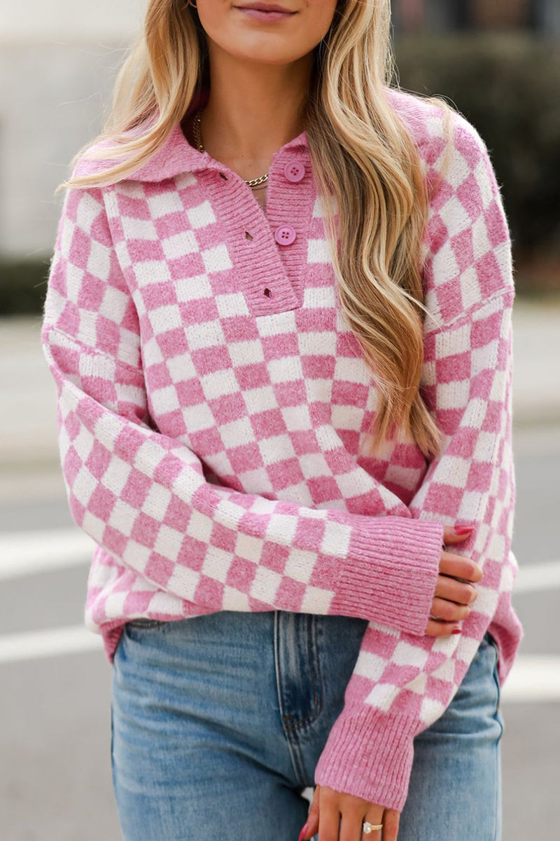 Hazel Blues® |  Checkered Collared Neck Long Sleeve Sweater