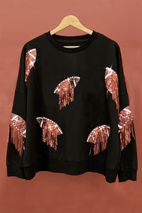 Hazel Blues® |  BiBi Sequin Fringe Football Patch Round Neck Sweatshirt