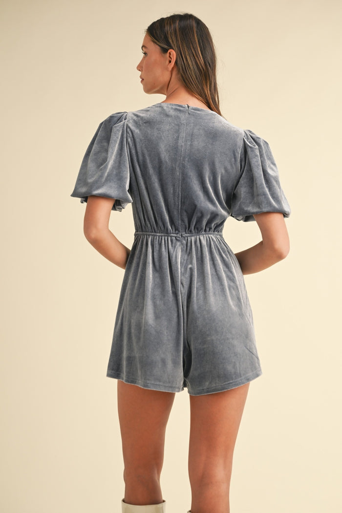 Hazel Blues® |  Mable Jewel Bow Decor Puff Sleeve Velvet Romper