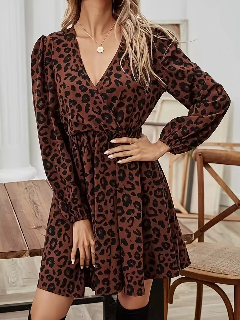 Leopard Print V-Neck Long Sleeve Mini Dress Brown / M