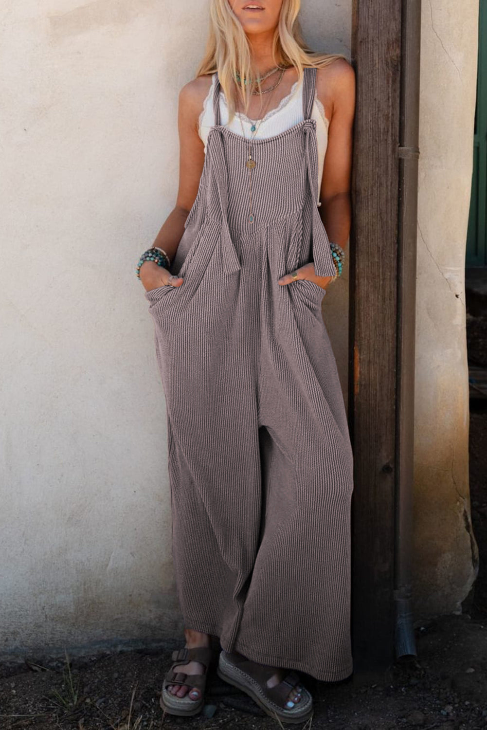 Hazel Blues® |  Philippine Gray Corded Adjustable Straps Wide Leg Loose Overall
