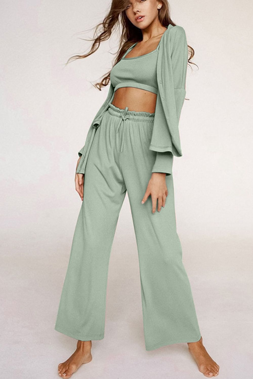 Hazel Blues® |  Spaghetti Strap Bra, Open Front Cardigan and Drawstring Pants Set