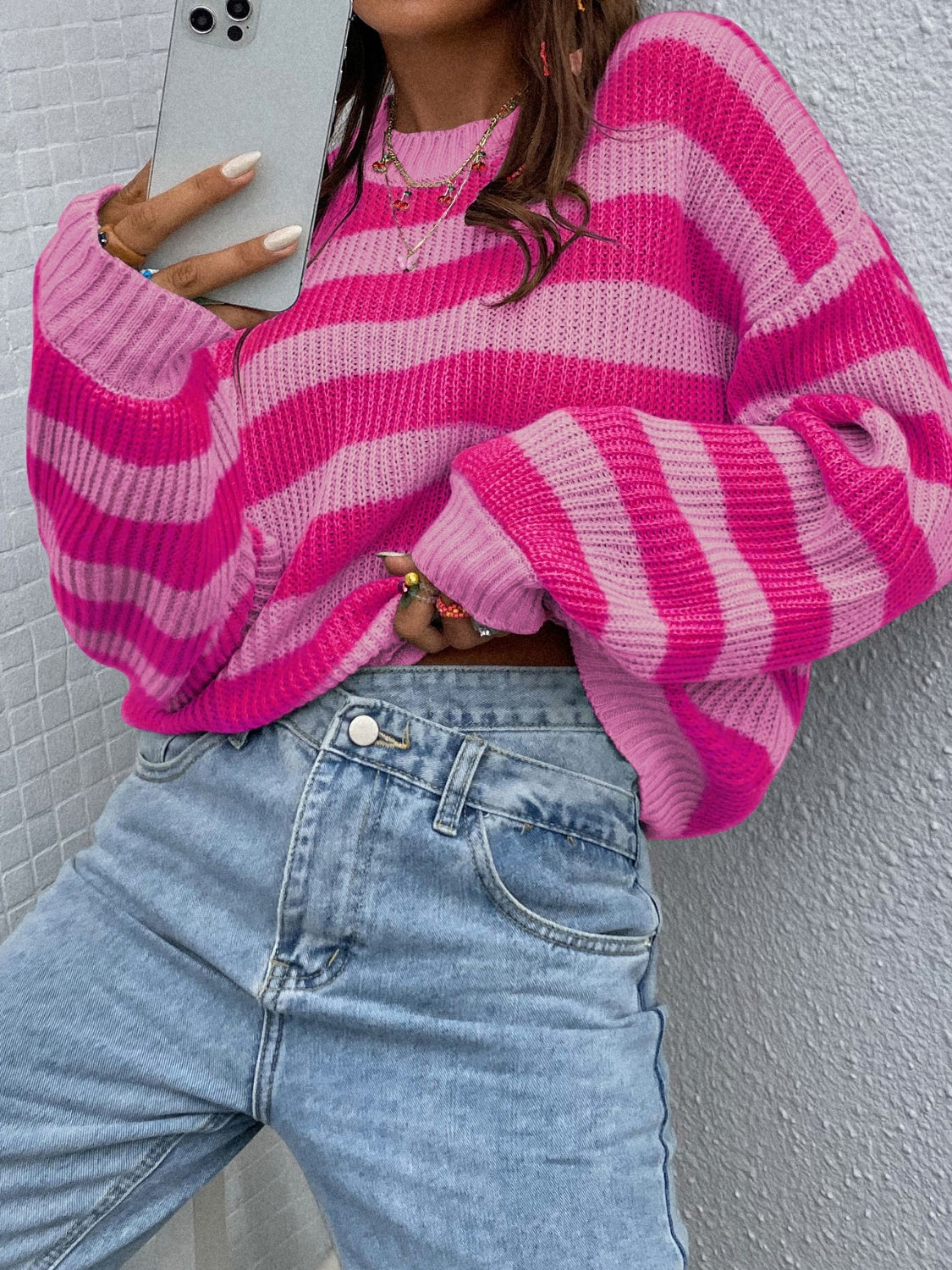 Hazel Blues® |  Honey Striped Round Neck Long Sleeve Sweater