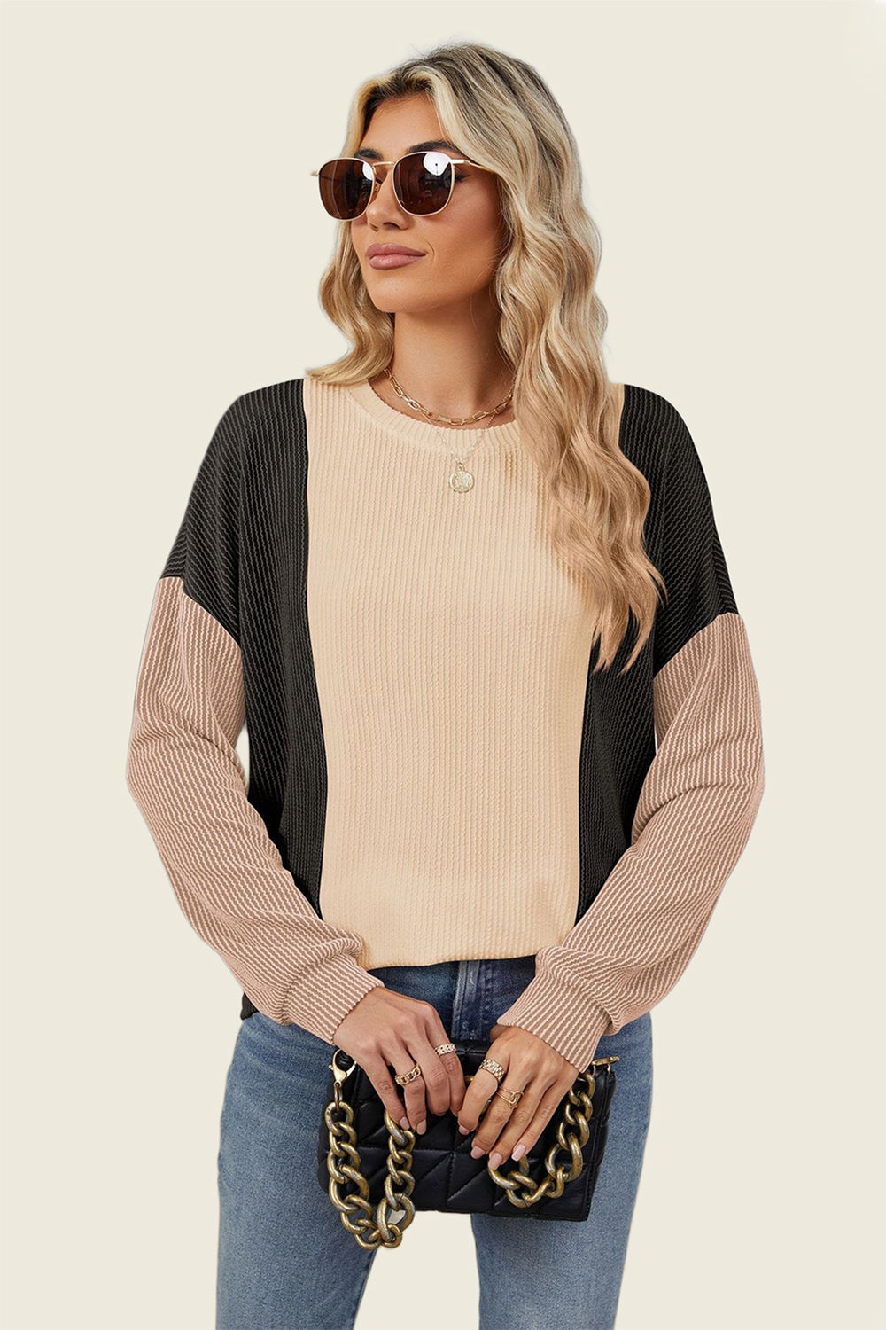 Hazel Blues® |  Double Take Texture Contrast Round Neck Long Sleeve T-Shirt