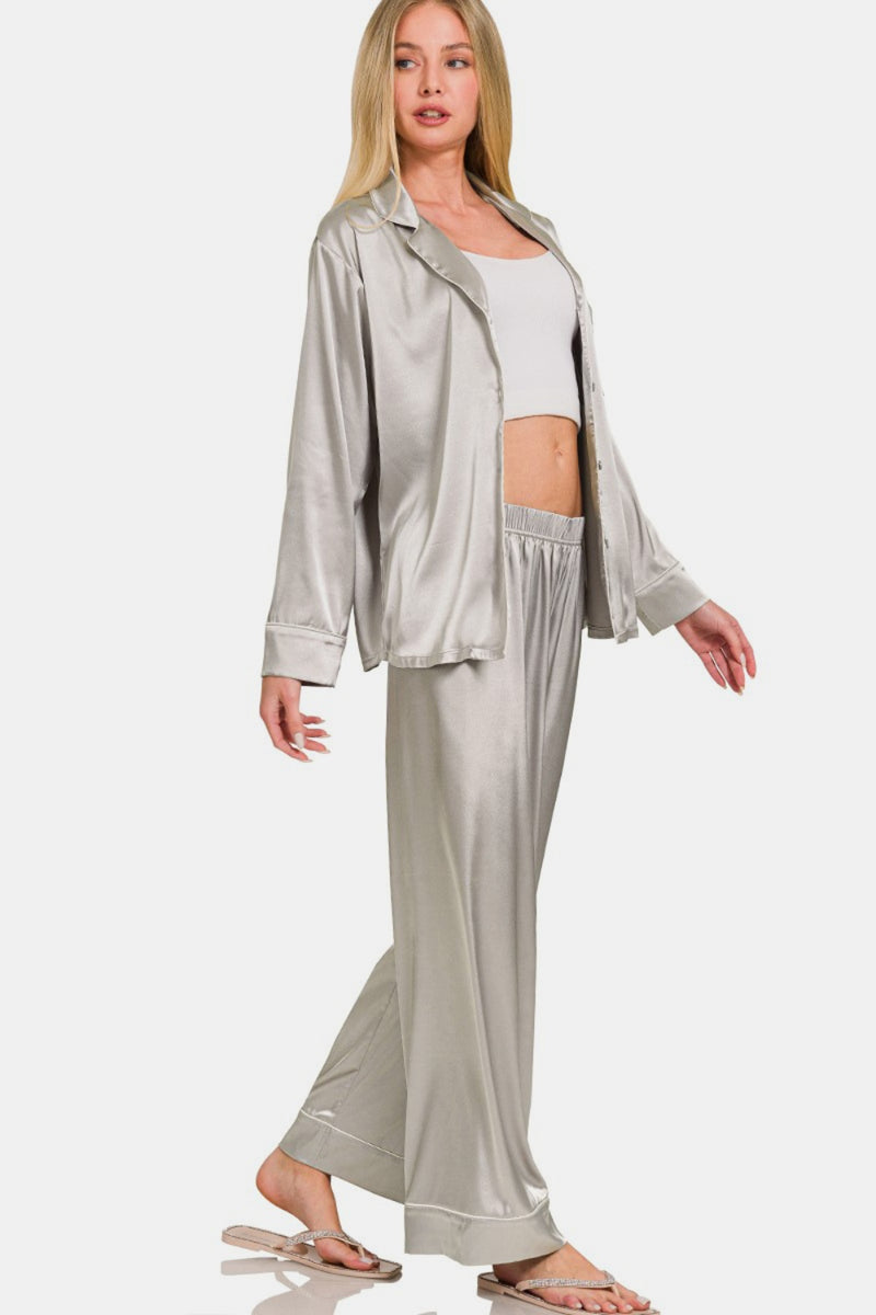 Hazel Blues® |  Zenana Satin Long Sleeve Shirt and Pants Pajama Set