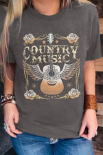 Hazel Blues® |  Gray COUNTRY MUSIC Guitar Graphic Print Crew Neck T Shirt