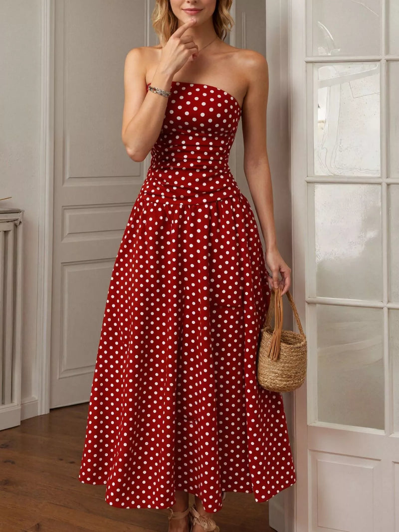 polka dot dress strapless Rich In Love Midi White/Black slip gel on neckline Polka dot print Invisible back zipper Tied back Lining Twirl the day away in our super cute Lorcan midi dress Polka Dot One Side Slit