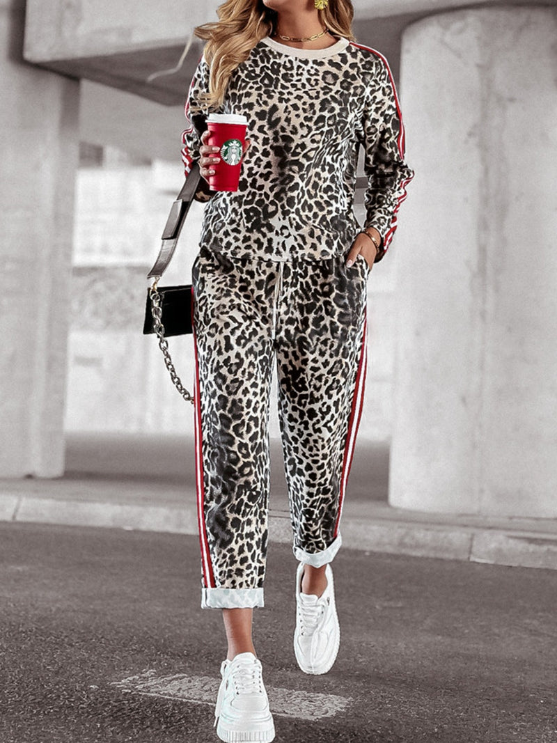 Hazel Blues® |  Leopard Round Neck Long Sleeve Top and Pants Set