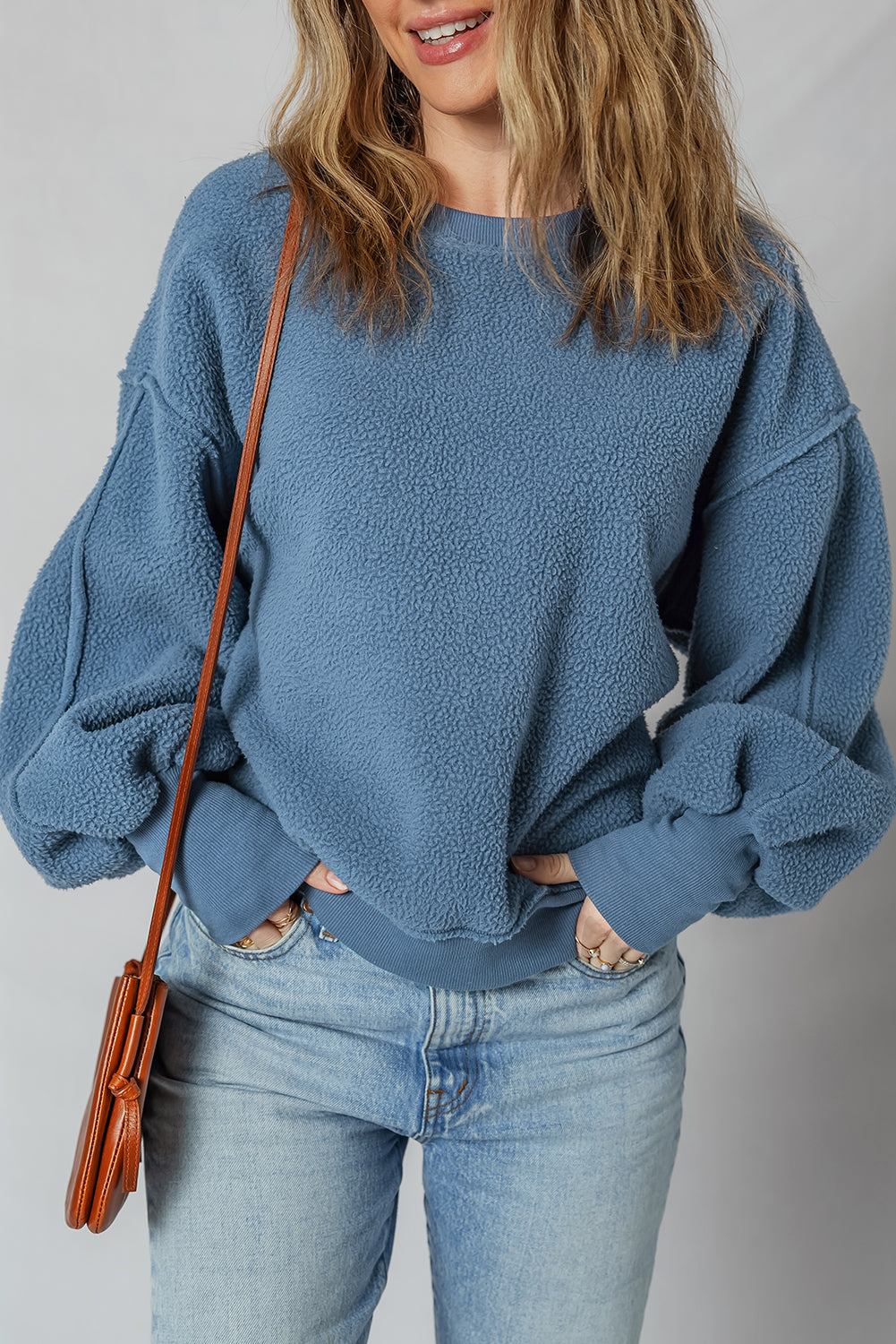 Hazel Blues® |  Sail Blue Fleece Drop Shoulder Exposed Seam Patchwork Casual Sweatshirt