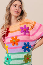 Hazel Blues® |  BiBi Flower Patch Puff Sleeve Striped Sweater