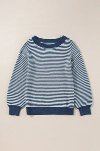 Hazel Blues® |  Striped Round Neck Dropped Shoulder Sweater