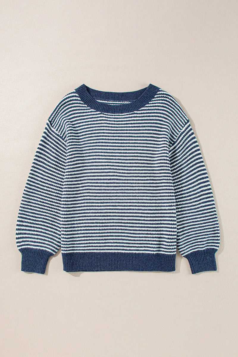 Hazel Blues® |  Striped Round Neck Dropped Shoulder Sweater