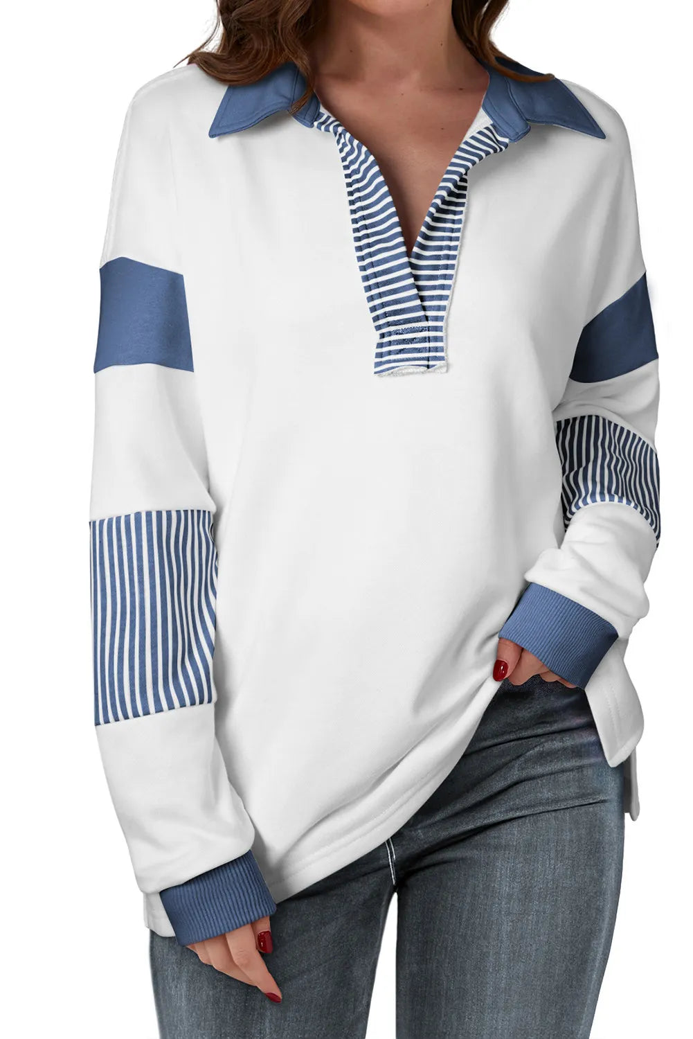 Hazel Blues® |  Collared Neck Long Sleeve Sweatshirt