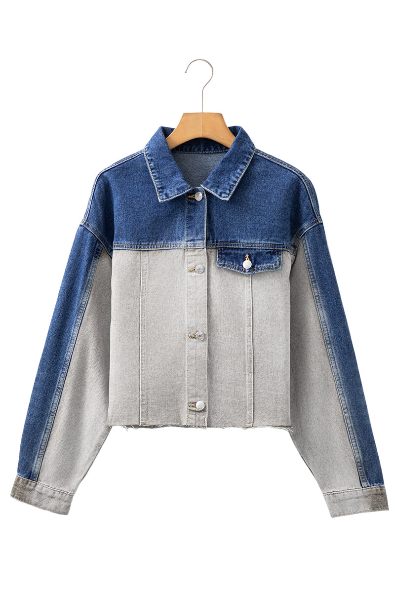 Hazel Blues® |  Dusk Blue Color Block Patchwork Flap Detail Distress Denim Jacket