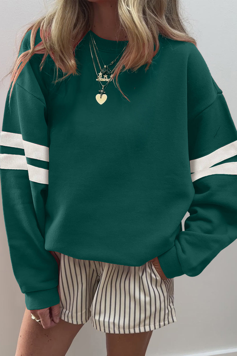 Hazel Blues® |  Evergreen Varsity Striped Detail Drop Shoulder Oversized Sweatshirt