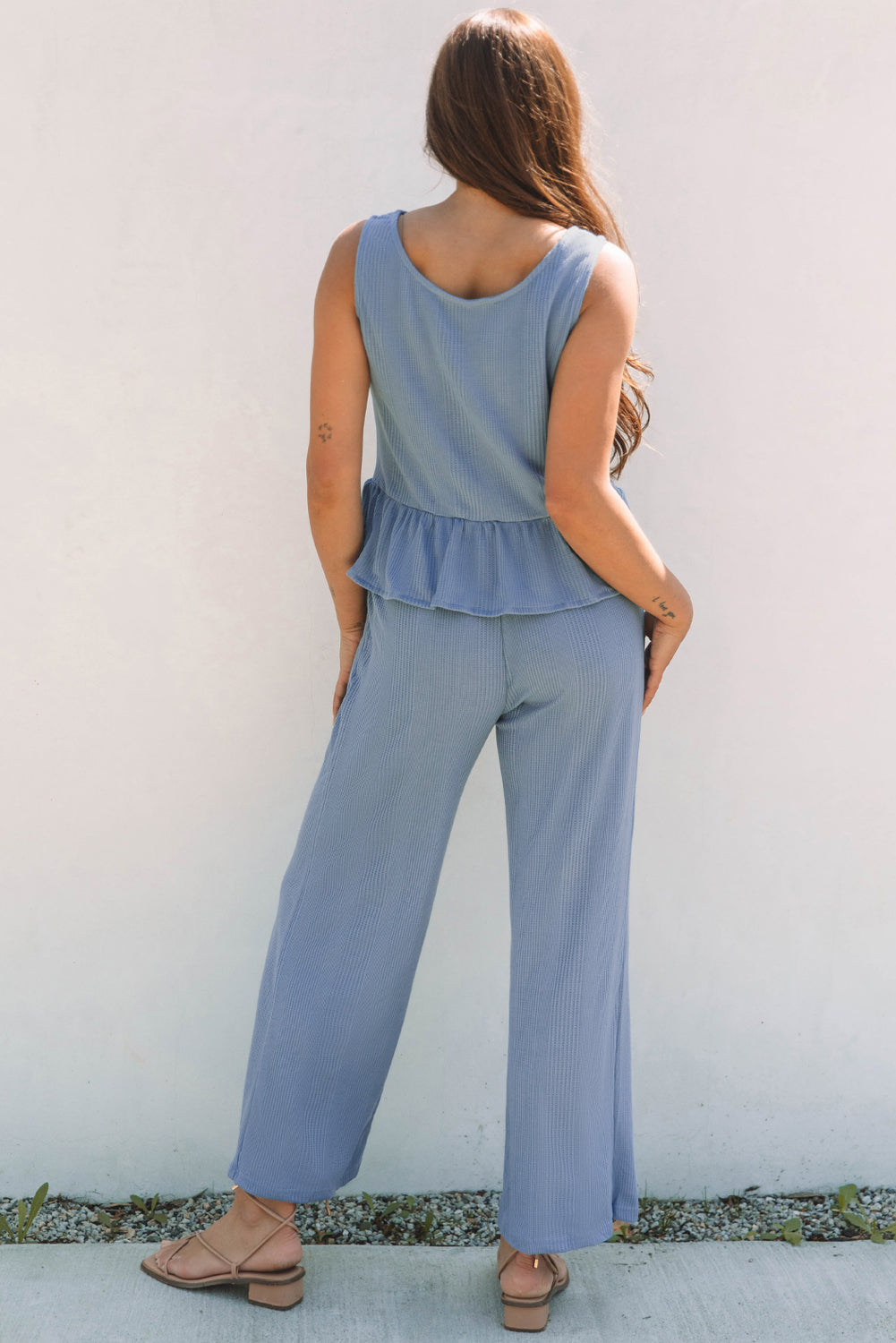 Amelia Reese Blue Solid Color Ribbed Ruffle Tank Top and Pants Set