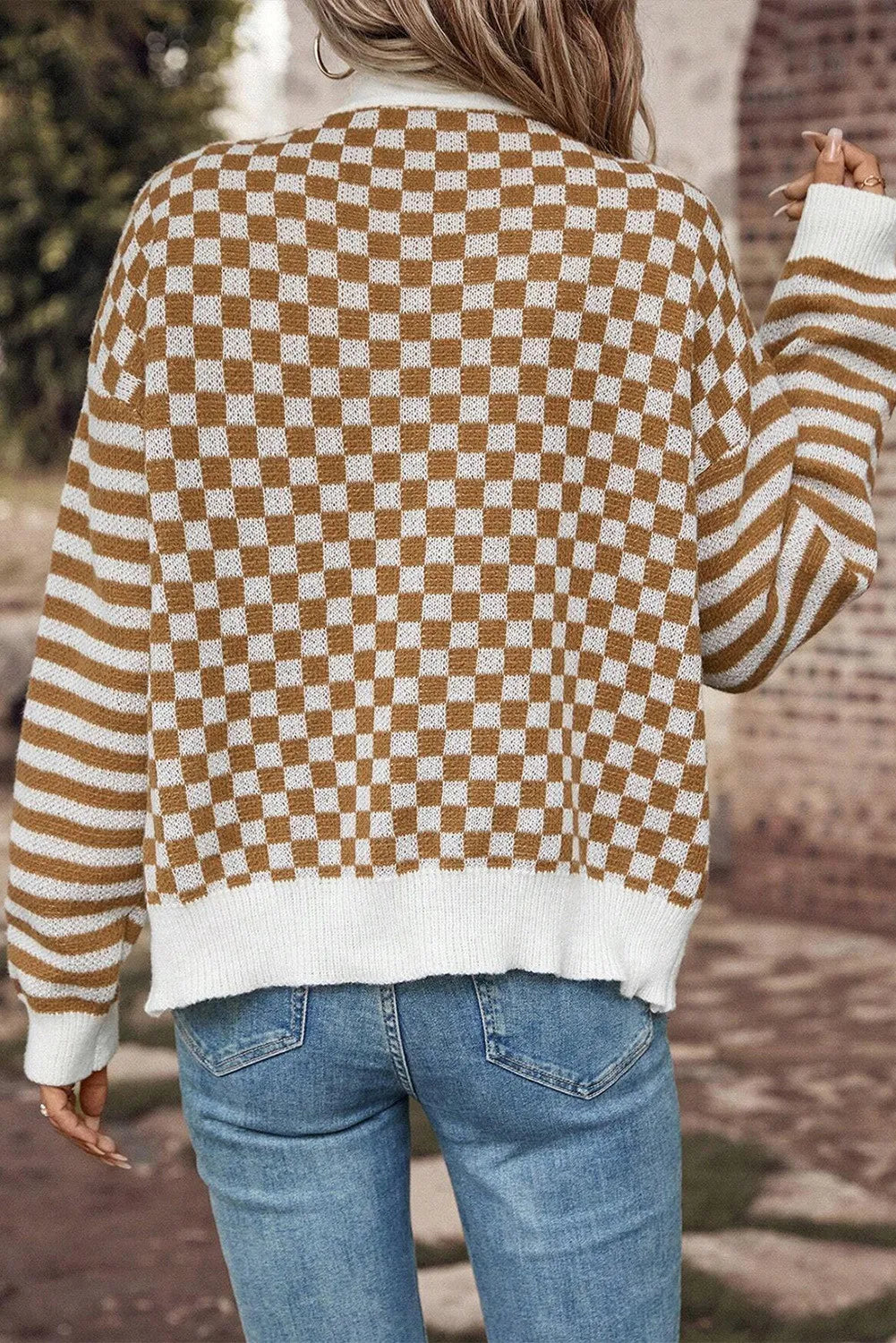 Hazel Blues® |  Checkered V-Neck Long Sleeve Cardigan