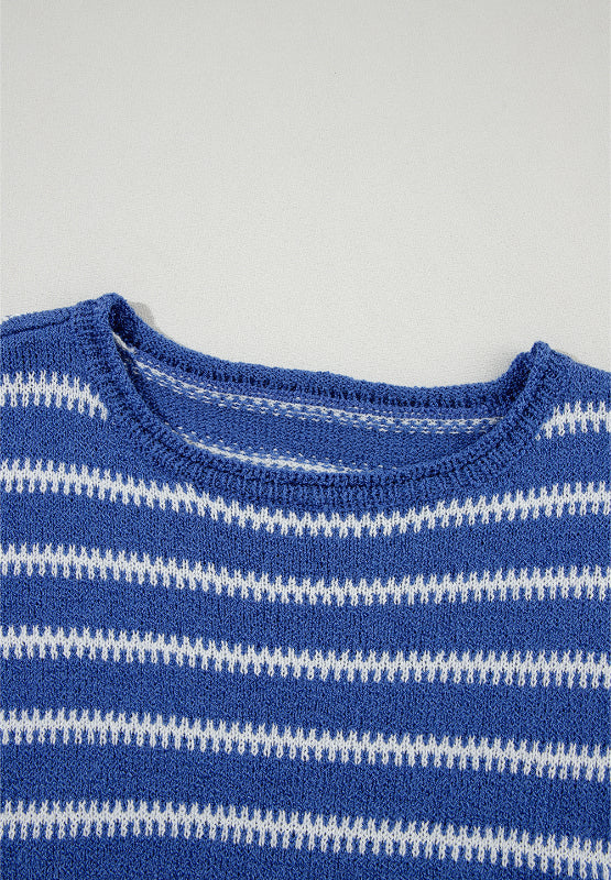 Hazel Blues® |  Striped Round Neck Dropped Shoulder Sweater