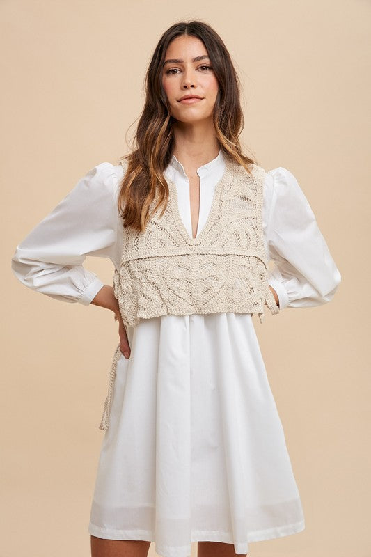 Hazel Blues® |  Annie Wear Crochet Vest Notched Long Sleeve Shirt Dress