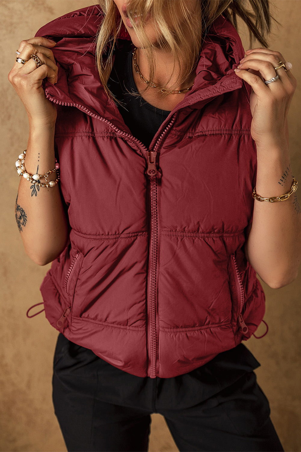 Hazel Blues® |  Drawstring Zip Up Hooded Vest Coat