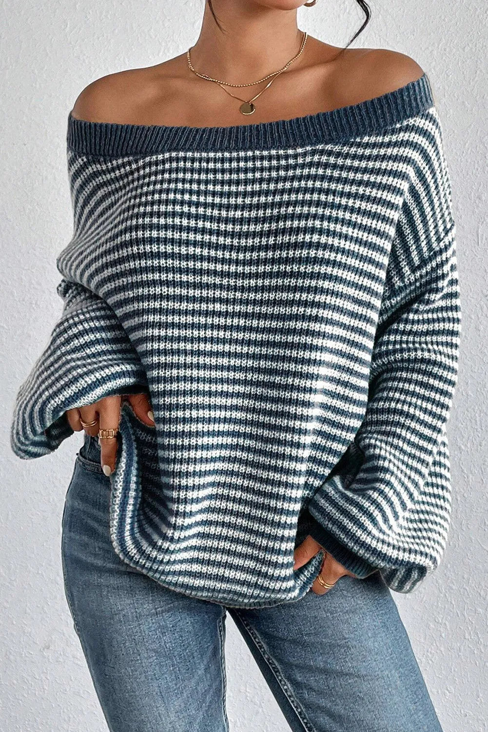 Hazel Blues® |  Striped Round Neck Dropped Shoulder Sweater