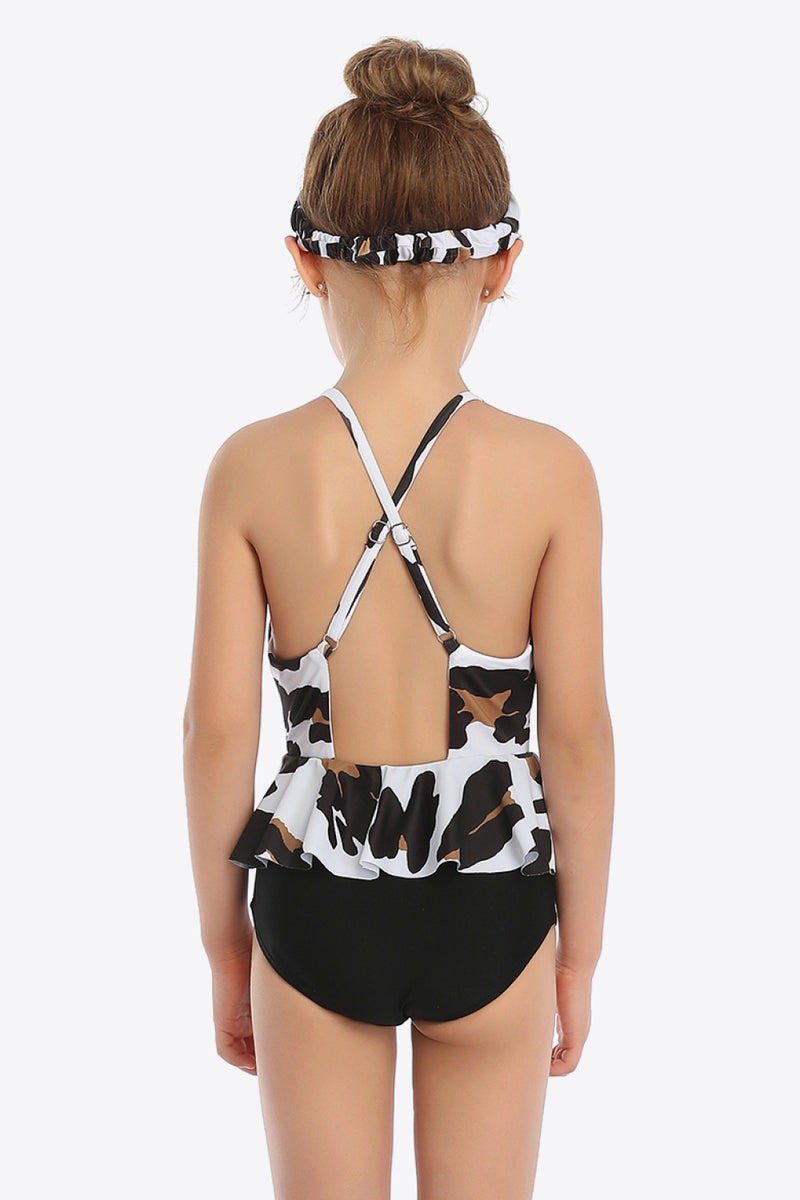 Hazel Blues® |  Printed Bow Detail Ruffled One-Piece Swimsuit