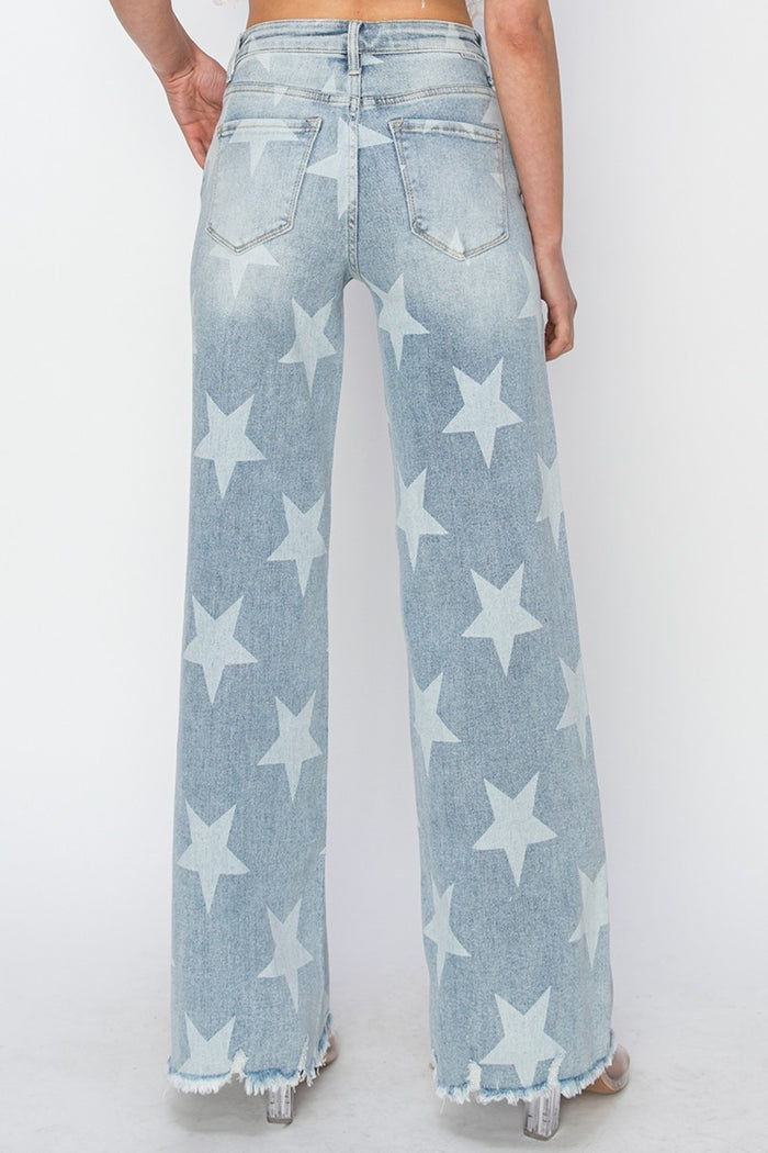 Hazel Blues® |  RISEN Raw Hem Star Wide Leg Jeans